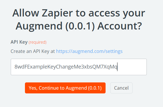 Configure an Augmend API Key in a new Zapier connection