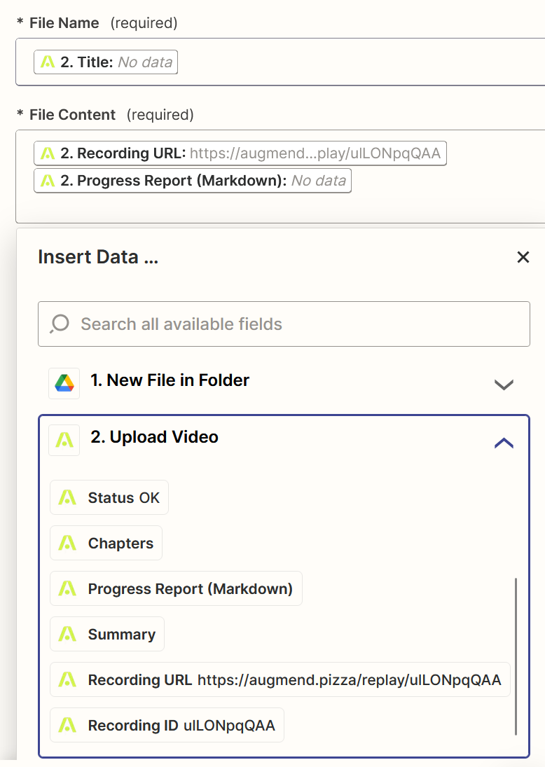 Augmend Zap data output fields